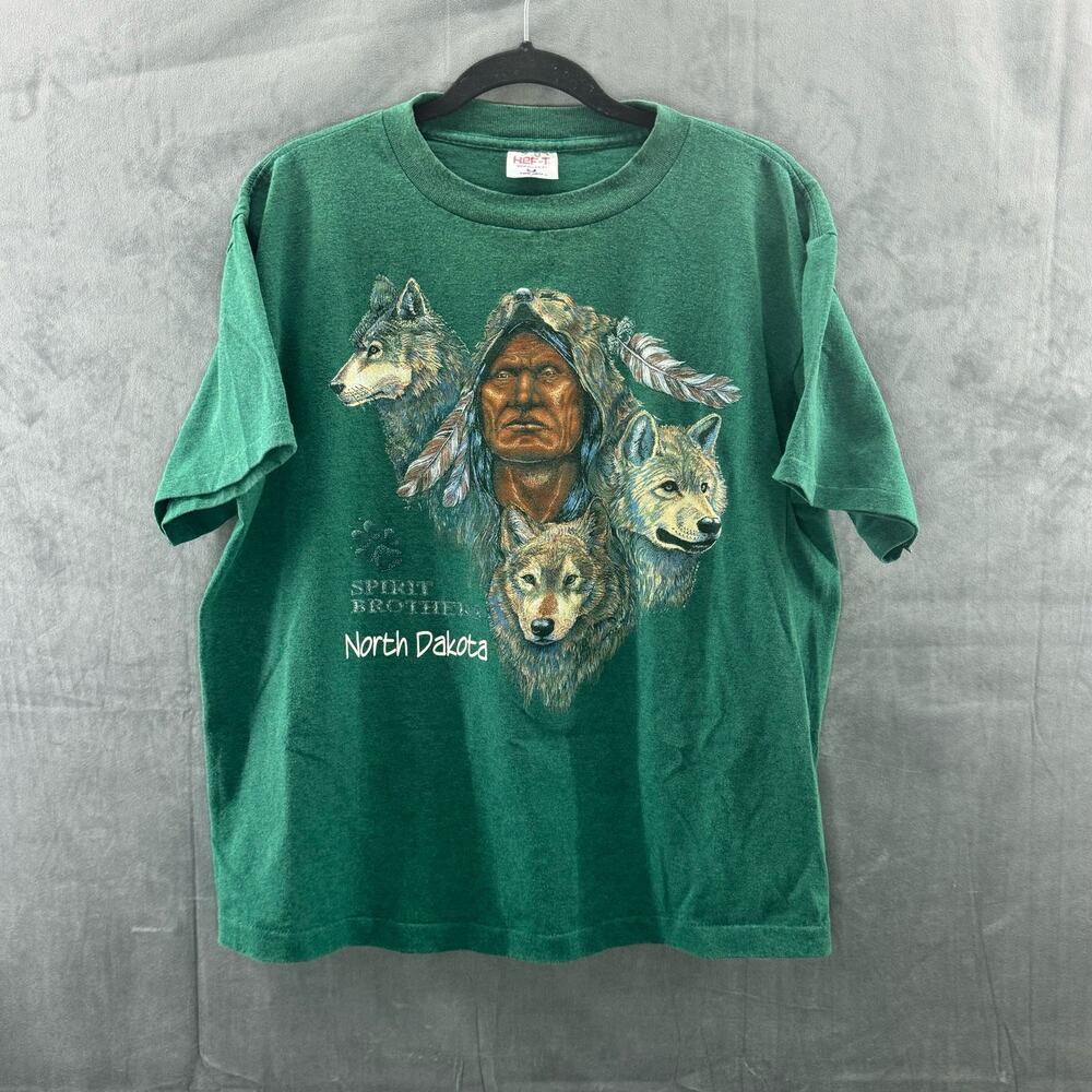 VTG TeeJays Spirit Brothers Native American Wolf Graphic T shirt Green Adult L